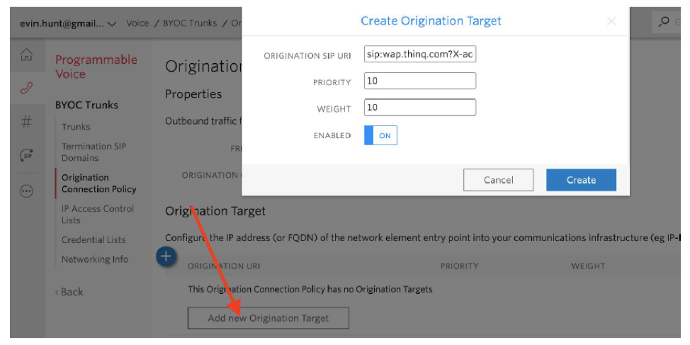 Set Up Origination Target for Twilio thinQ