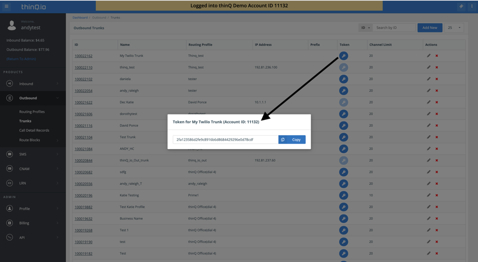 thinQ trunk token account ID for Twilio