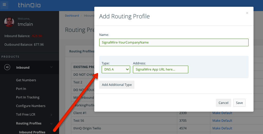 Set up Inbound Profile for SignalWire in thinQ io